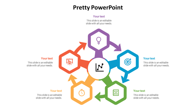 Colorful hexagonal flowchart with six segments radiating from a central circle, each containing icons and text placeholders. 