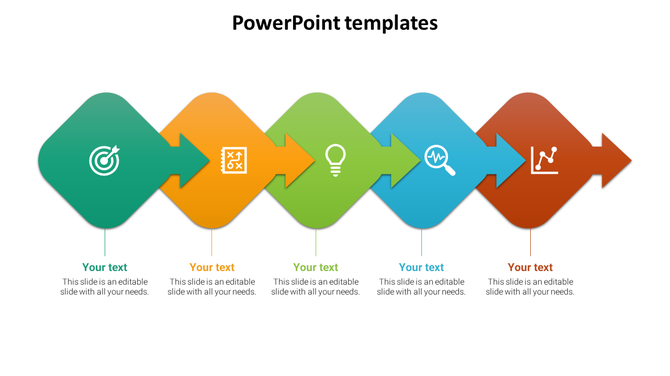 Template with five gradient arrows containing icons like target, bulb, and chart, with text areas below. 