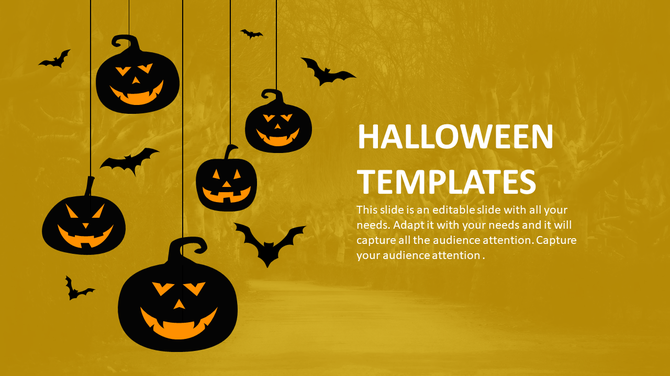 A Halloween themed PowerPoint slide featuring hanging pumpkins, bats, and a spooky yellow background.