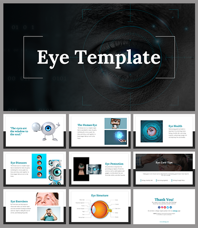 Dark and white background slide deck on eye care, covering health, diseases, protection, and structure.