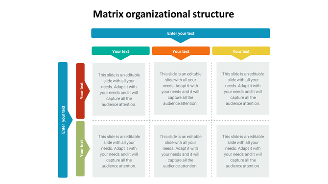 Matrix org chart with colored horizontal and vertical headers forming a 3×2 editable grid for team roles or functions.
