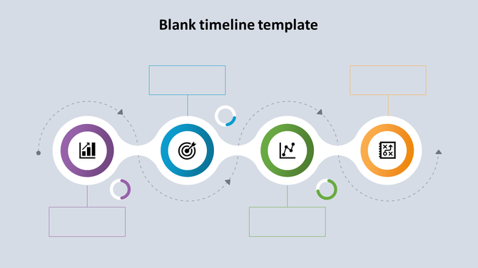 Four step circular timeline in purple, blue, green, and orange with icons and blank text boxes, on a light background.