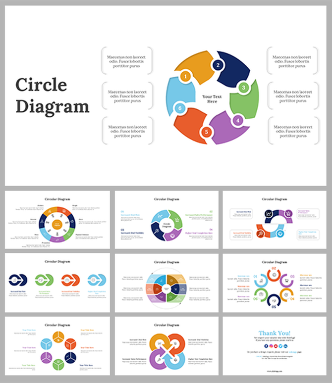 A circle diagram PowerPoint slides featuring numbered sections with space for text and colorful segments.