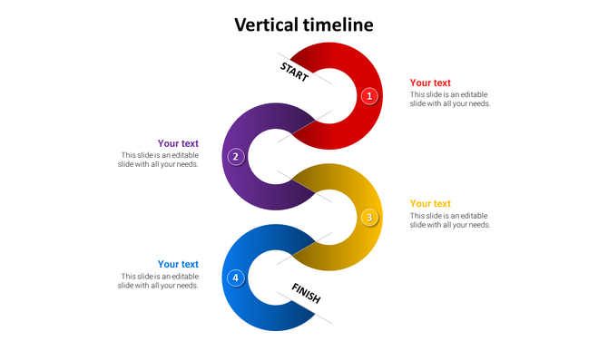 A vertical timeline PowerPoint slide with four numbered steps and colorful circles representing the start and finish.