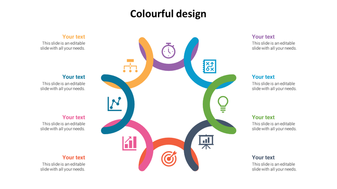 A colorful infographic design featuring eight sections with various icons, each representing different concepts.