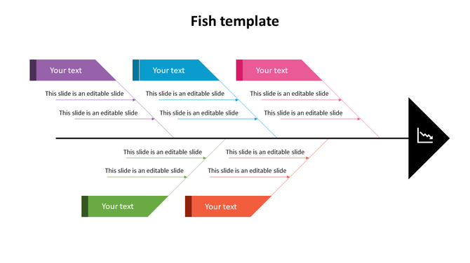 Fish template with six colored text sections aligned on a central line, ending with a fish tail icon.