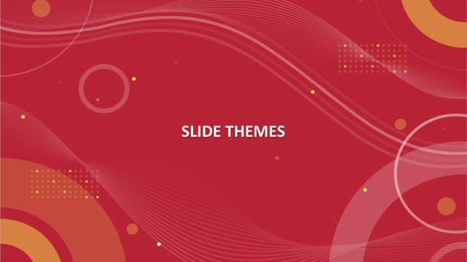 Abstract slide theme with red backdrop, flowing white wave lines, and orange circular and dotted design elements.