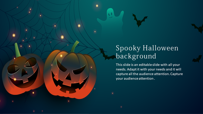 Festive Halloween background featuring jack-o'-lanterns, cobwebs, bats, and a translucent ghost against a dark, eerie setting.