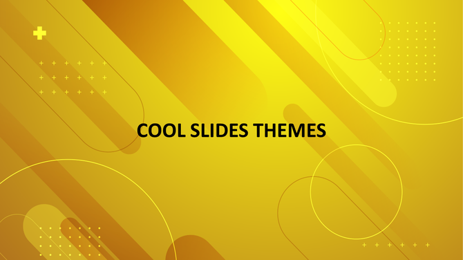 Yellow gradient slide background with abstract diagonal shapes, circles, and dotted patterns framing the central title area.