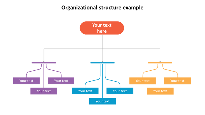 Flowchart with a central orange box connected to purple, blue, and yellow boxes below in a hierarchical layout.