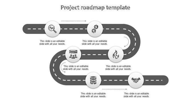 Black winding road with white circular milestones and icons, showing a project roadmap, set on a gray background.