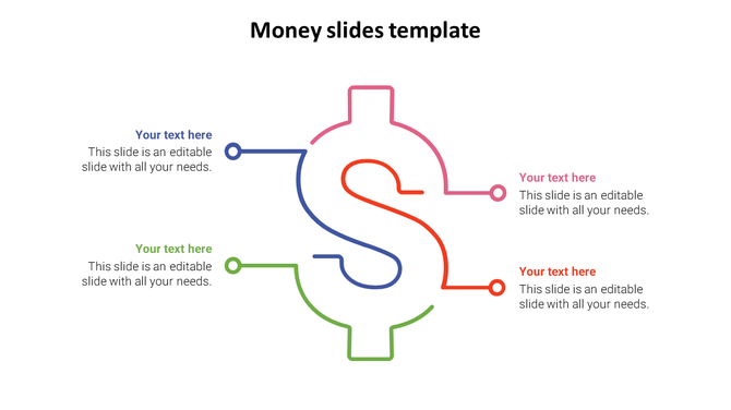 Money slide featuring a stylized dollar sign with four sections in blue, green, red, and pink, each linked to a text area.