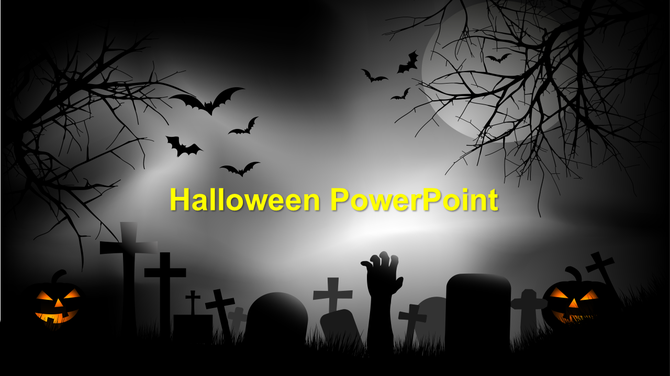 Spooky Halloween slide with glowing pumpkins, graveyard silhouettes, bats, and eerie trees against a misty gray background.