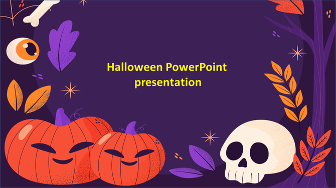 Halloween PowerPoint template with pumpkin illustrations, skull, and autumn leaves on a dark purple background.