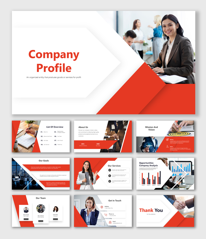 Company profile slide deck with red and white theme, featuring business images, charts, and team introductions.