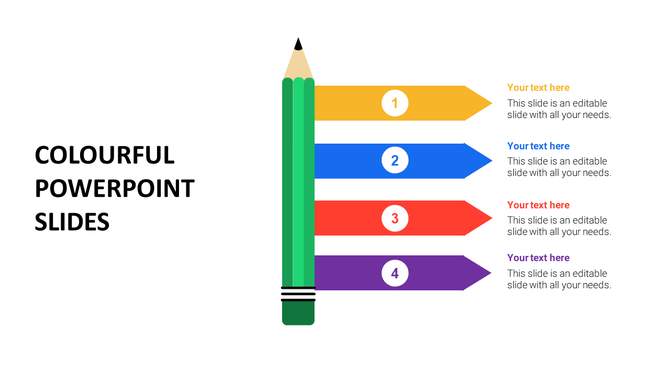 Slide featuring a vertical green pencil with four colorful arrow shaped numbered labels in yellow, blue, red, and purple.