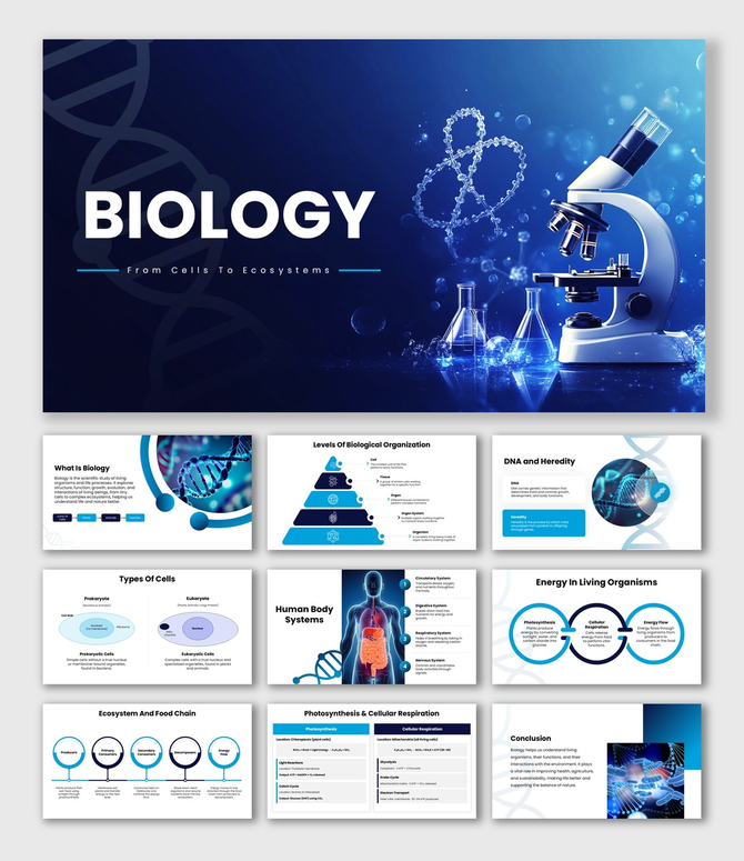 Biology blue slides, microscope, DNA helix, lab glassware, icons, circular shapes, and clean structured text boxes.