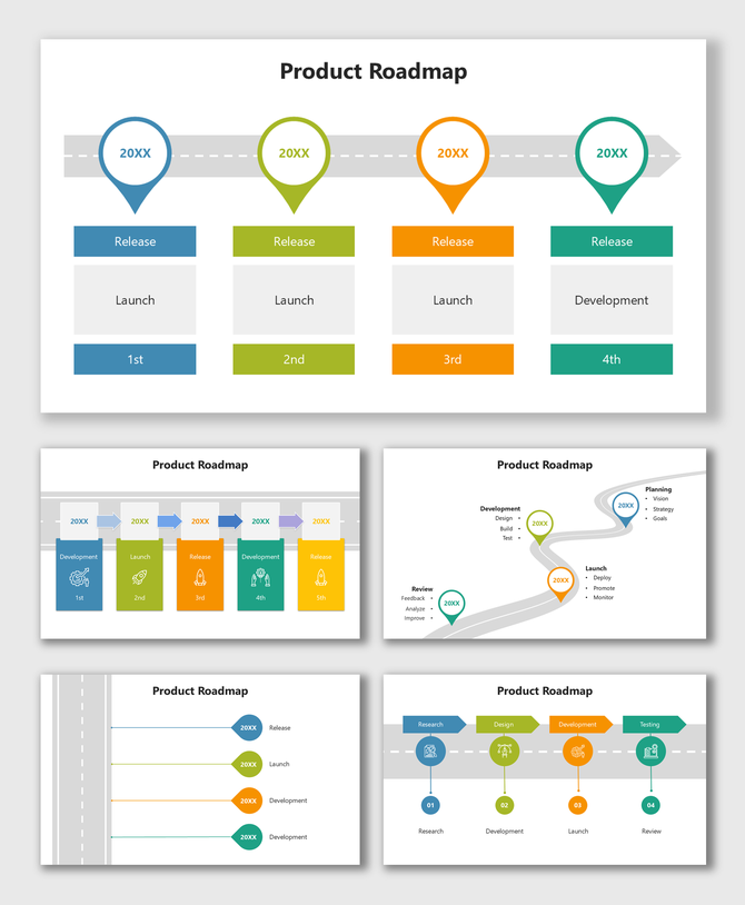 Product roadmap with four colorful cylinders placed along a winding road, each with a text placeholder below.