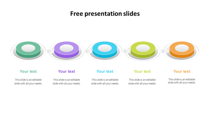 Template with five circular rings in green, purple, blue, yellow, and orange, connected with arrows and text below.