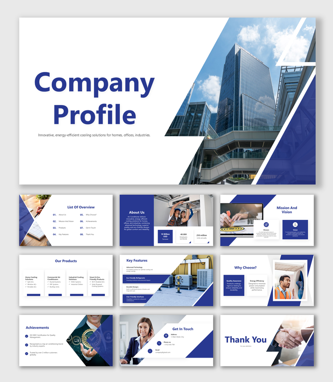 Company profile slide deck with blue and white theme, featuring images of buildings, professionals, and industrial setups.