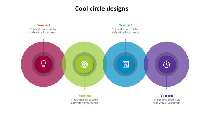 Cool circle designs showing four gradient filled circles with lightbulb, bullseye, planner, and stopwatch icons.