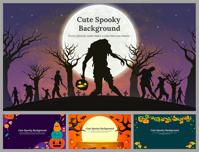 Halloween themed slide deck featuring eerie graveyard scenes, glowing pumpkins, and playful spooky decorations.