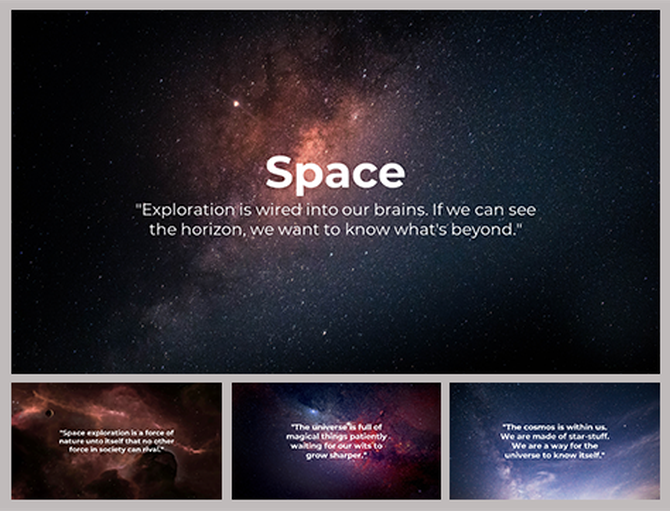 Space themed slide deck with four panels, each showing a starry sky background and inspirational space related quotes.