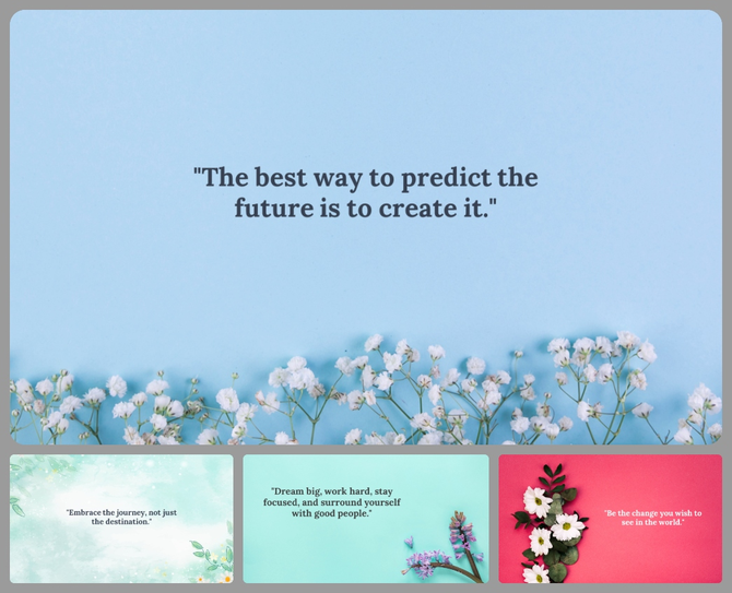 A collection of beautiful floral background PPT slides with uplifting quotes on a serene blue and pink backdrop.