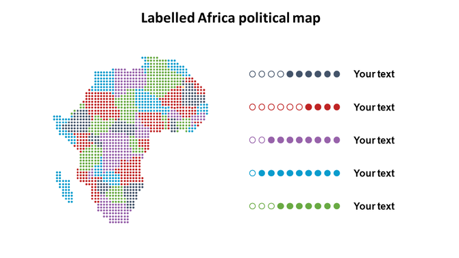Africa's political map depicted with colorful dots for placeholder text areas and a legend indicating grouped data.