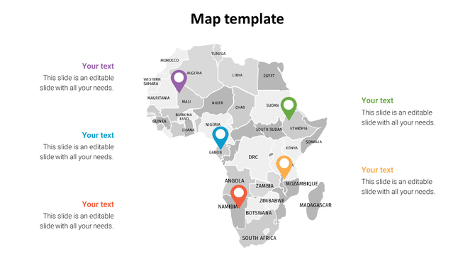Gray Africa map with purple, green, blue, orange, and red markers and text sections on both sides.