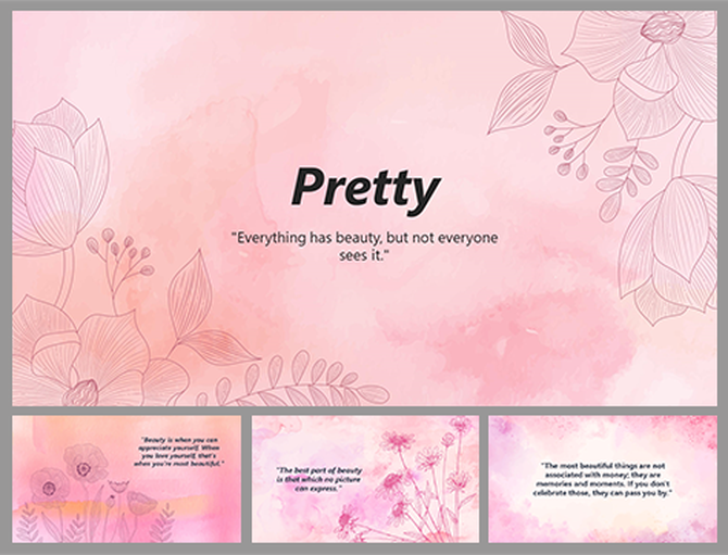 Soft shades of pink with delicate floral sketches slide deck with line-drawn flowers and beauty-related quotes.