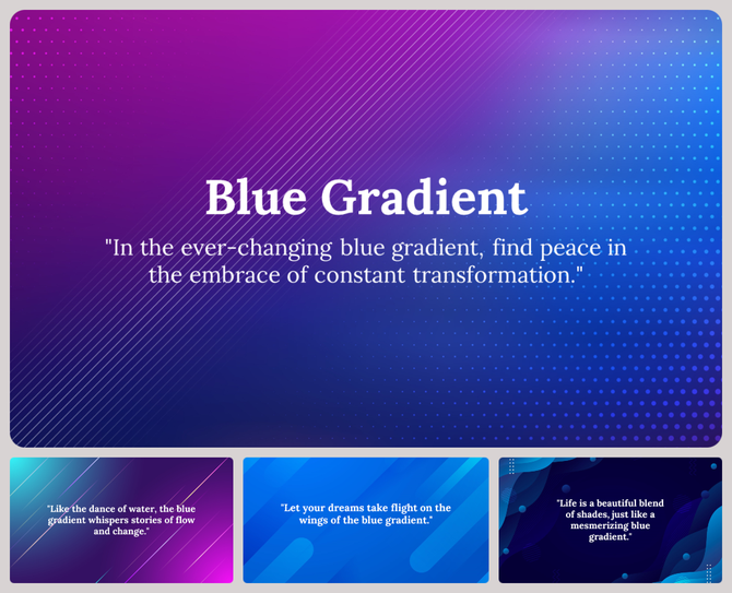 A design slide with a blue gradient background, accented by diagonal lines and dots, showcasing a motivational quote.