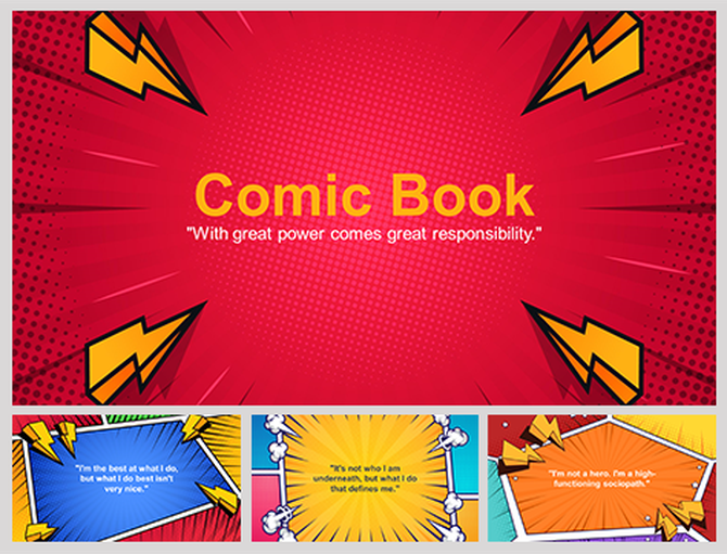 Vibrant comic slide pack with various layouts in red, blue, and yellow colors, speech bubbles, and lightning graphics.
