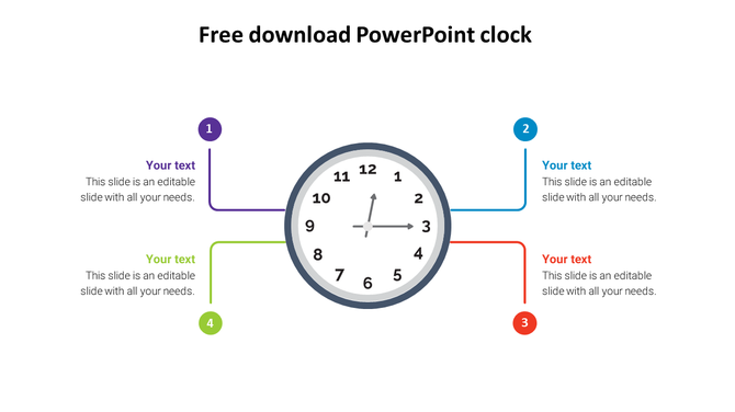 A clock illustration in the center with four numbered placeholder text boxes branching out from it.