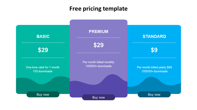 Colorful pricing template with three tiers basic, premium, and standard, each with unique features and prices.
