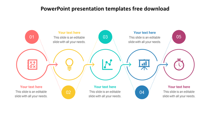 Infographic with five circular segments connected by arrows, each showing a colorful icon and step number.