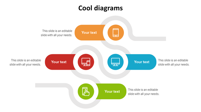 Flow diagram with curved paths connecting four colorful sections in orange, blue, red, and green, each with icon and text.