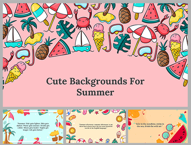 Colorful summer-themed slides with cute illustrations of pineapples, ice cream, and beach accessories with text area.
