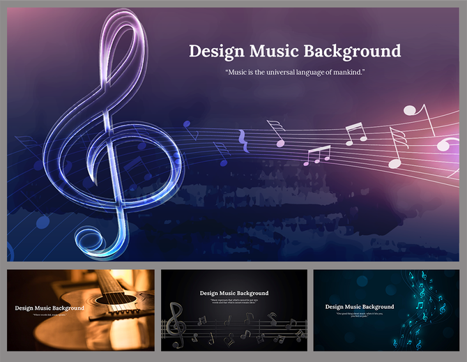 Music themed slide deck with glowing treble clefs, guitar, and flowing notes, on dark backgrounds in blue and purple tones.