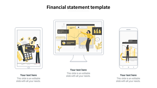 Financial statement slide with three illustrations of devices showcasing charts and graphs, in yellow and black accents.