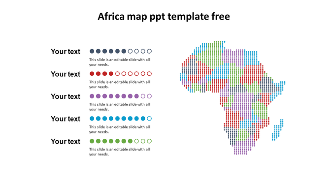A dotted multicolored Africa map on the right, with five rows of color-coded circular icons and placeholders on the left.