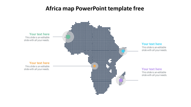 Africa map PowerPoint template with distinct sections highlighted, each with space for text.