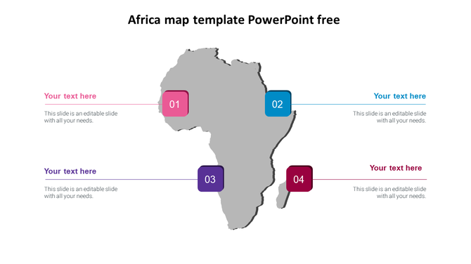 Africa map outline with four numbered markers in pink, blue, purple, and maroon, connected to placeholder text areas.