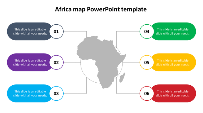 Central gray Africa map surrounded by six colored rounded rectangles connected with lines, numbered sequentially 01 to 06.