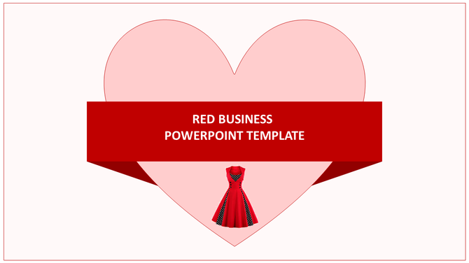 A red business PowerPoint template featuring a heart shaped background and a red dress illustration.