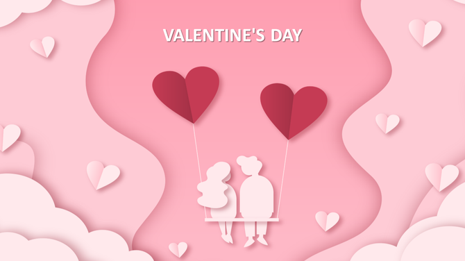 Valentine's Day themed slide with a pink background, heart shapes, and a couple sitting on a swing with heart balloons.