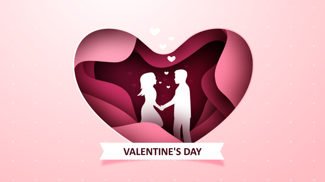 Romantic Valentine's Day graphic with layered pink heart cutout showing a couple silhouette and floating heart icons.