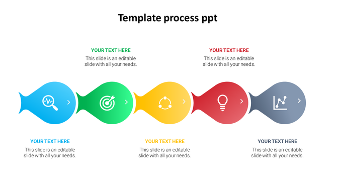 PPT slide for process presentation featuring a colorful flowchart with icons for analysis, target, teamwork, idea, and data.