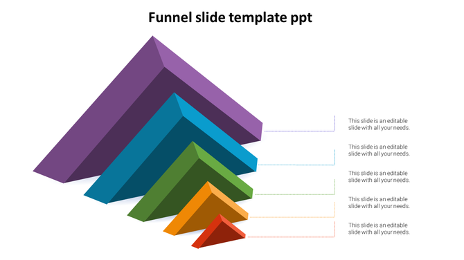 Funnel slide with six colorful trapezoid layers decreasing in size, each pointing to a placeholder caption on the right.