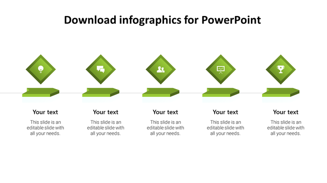 Infographic PowerPoint template with five sections, each with green icons and placeholder text on a white backdrop.